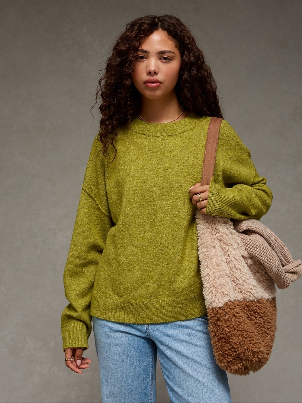 NWT AE Whoa So Soft Chartreuse Green Cozy Crewneck Sweater - Women